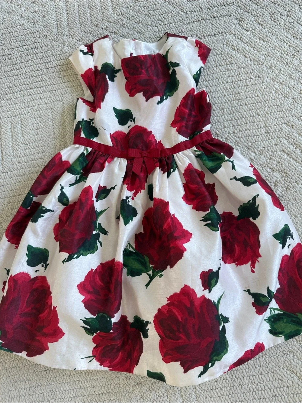 Gymboree White Dress with Red Rose Print and Green Leaves